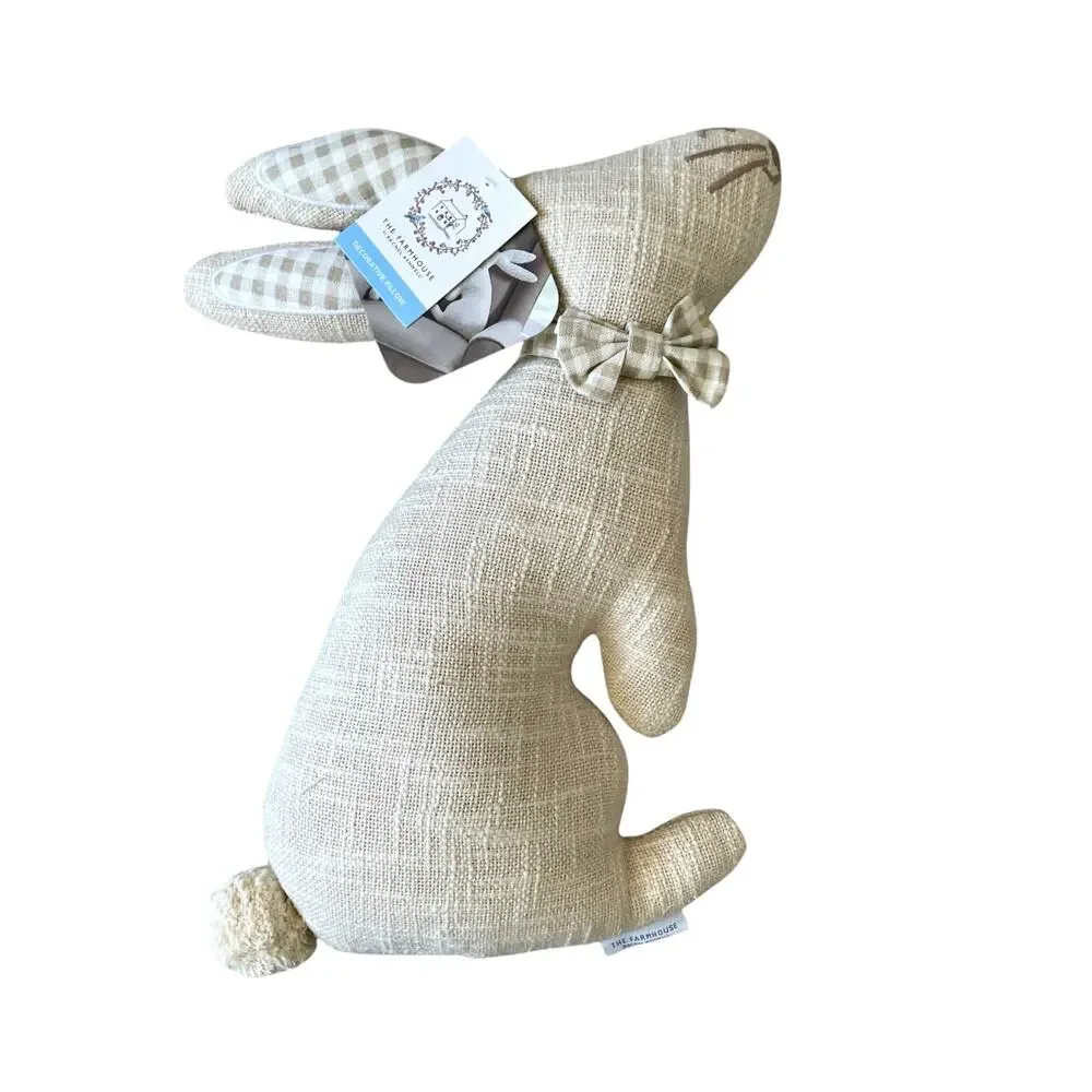 Rachel Ashwell Easter Bunny Rabbit Throw Pillow Beige & White Gingham NEW